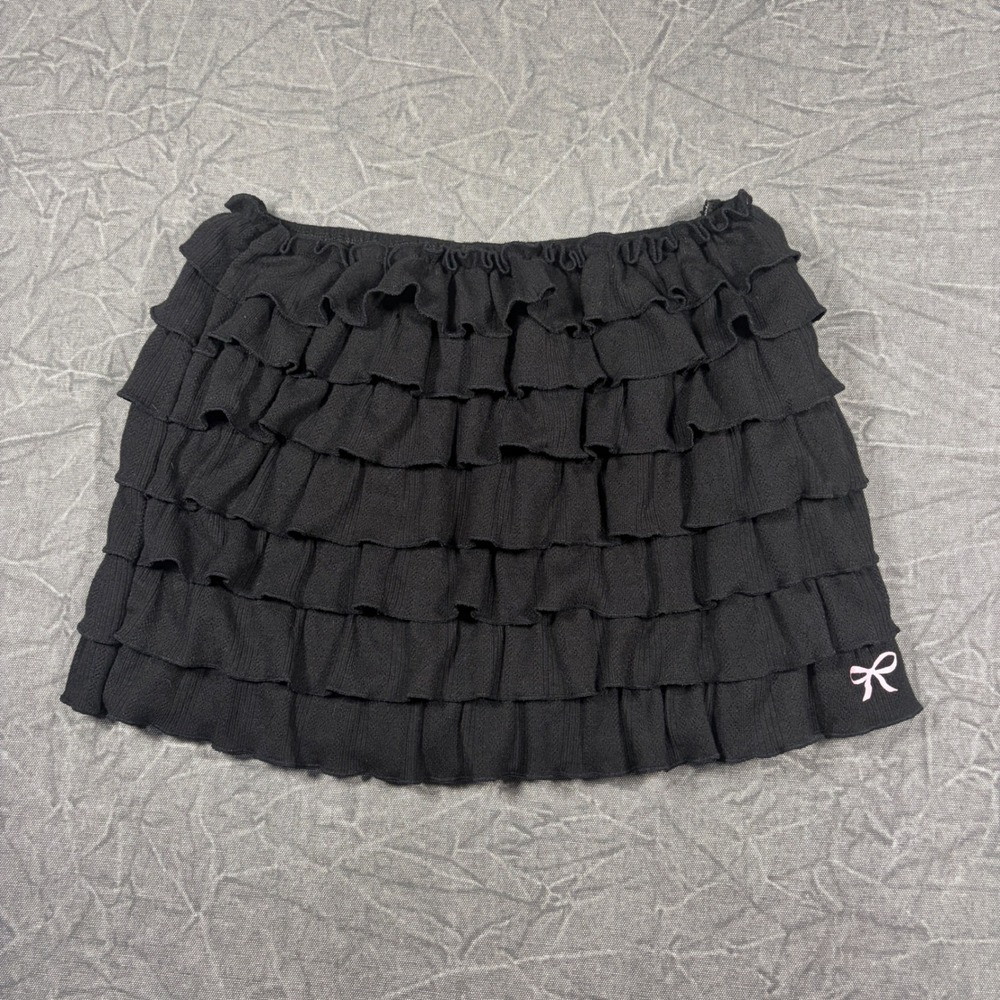 O-Mighty Mini Skirt Women M Black Ruffle Tiered Bow Y2K Coquette Cotton Ribbed